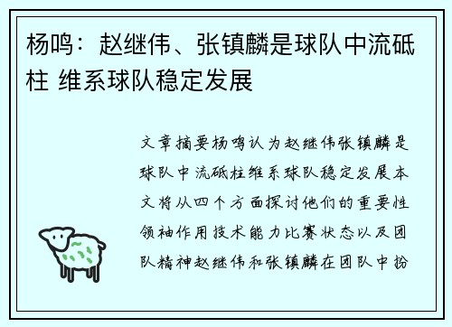 杨鸣：赵继伟、张镇麟是球队中流砥柱 维系球队稳定发展